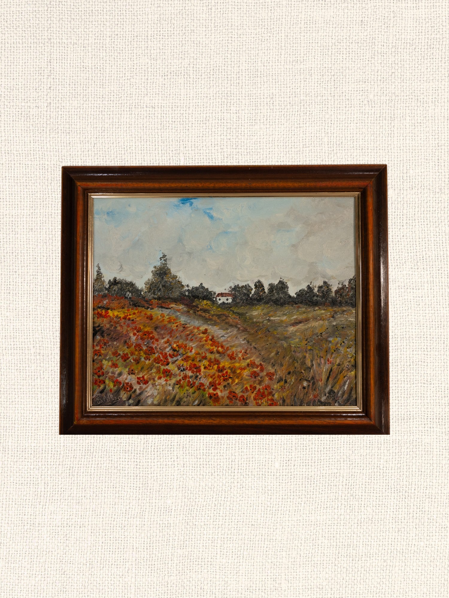 Vintage French Art | Janine | Poppy Field w House| Framed