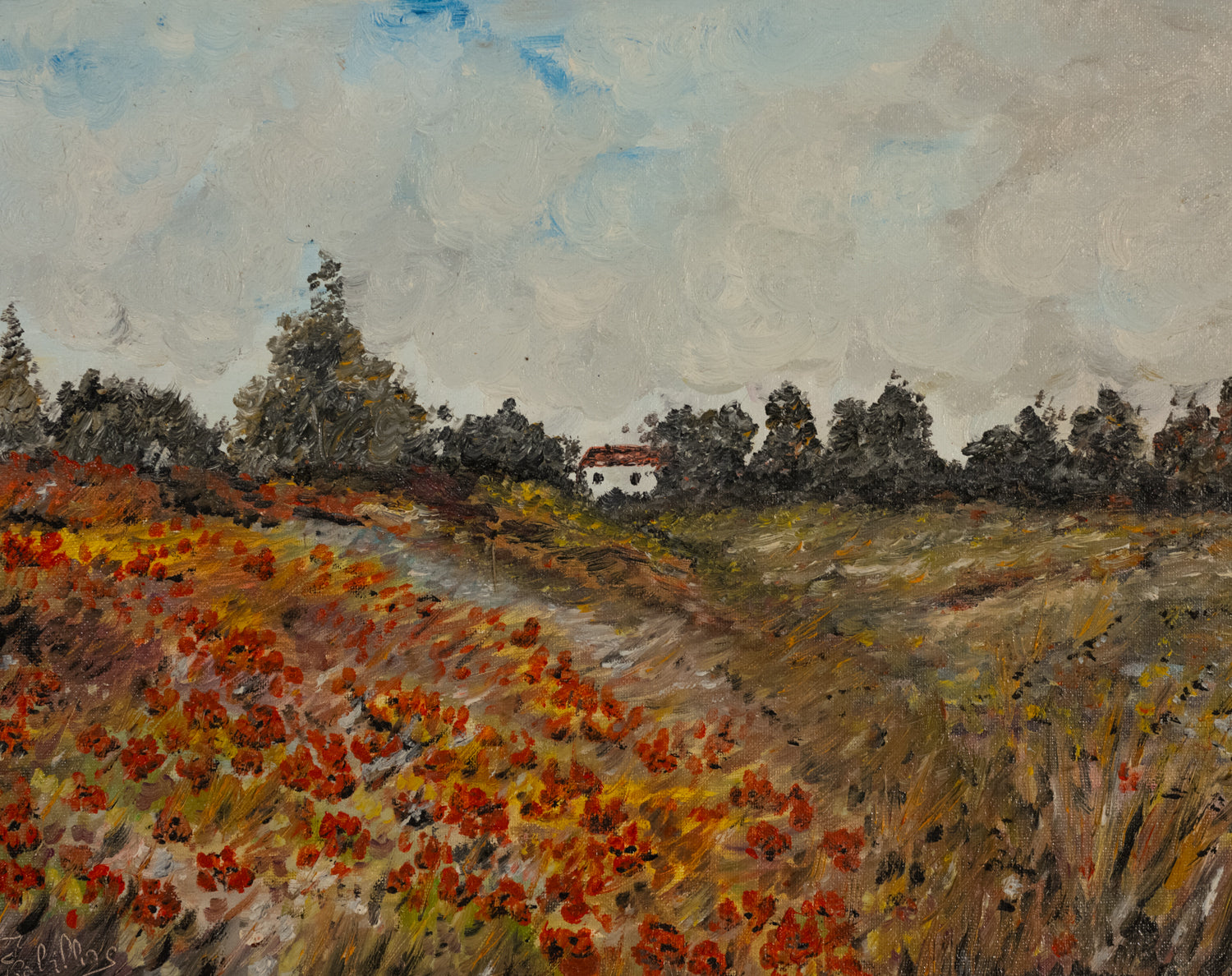 Vintage French Art | Janine | Poppy Field w House| Framed