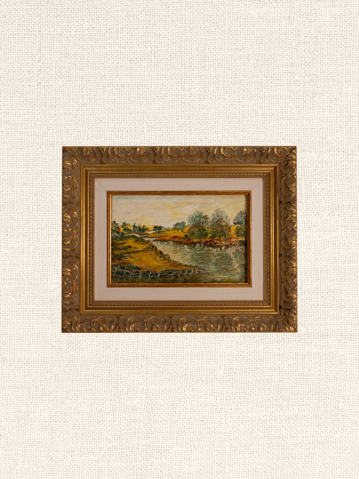 Vintage French Art | Janine | Fence w River Bank| Framed