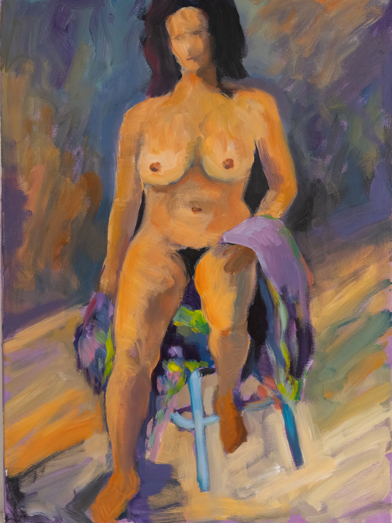 Vintage French Art | Nude Woman on Blue Stool | Canvas