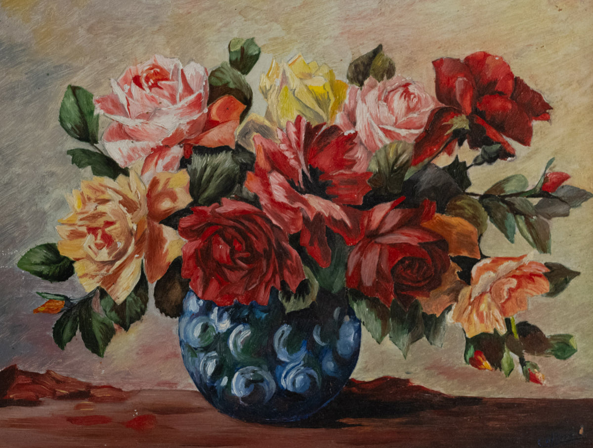 Vintage French Art | Roses in Blue Bowl | Framed