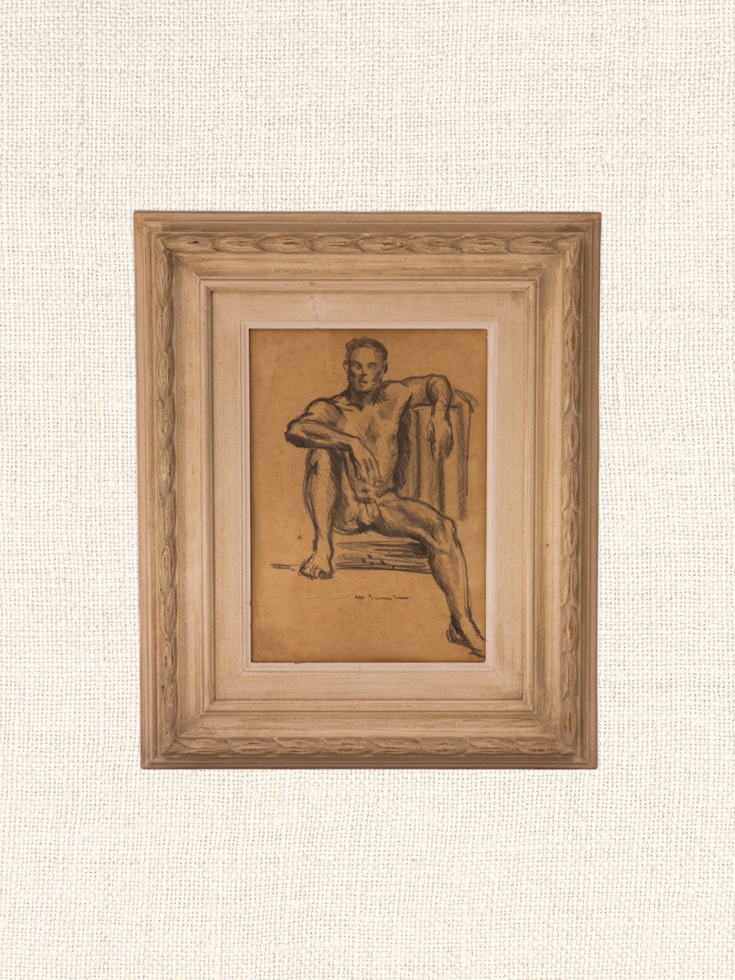 Vintage French Art | Seated Nude | Framed Sketch
