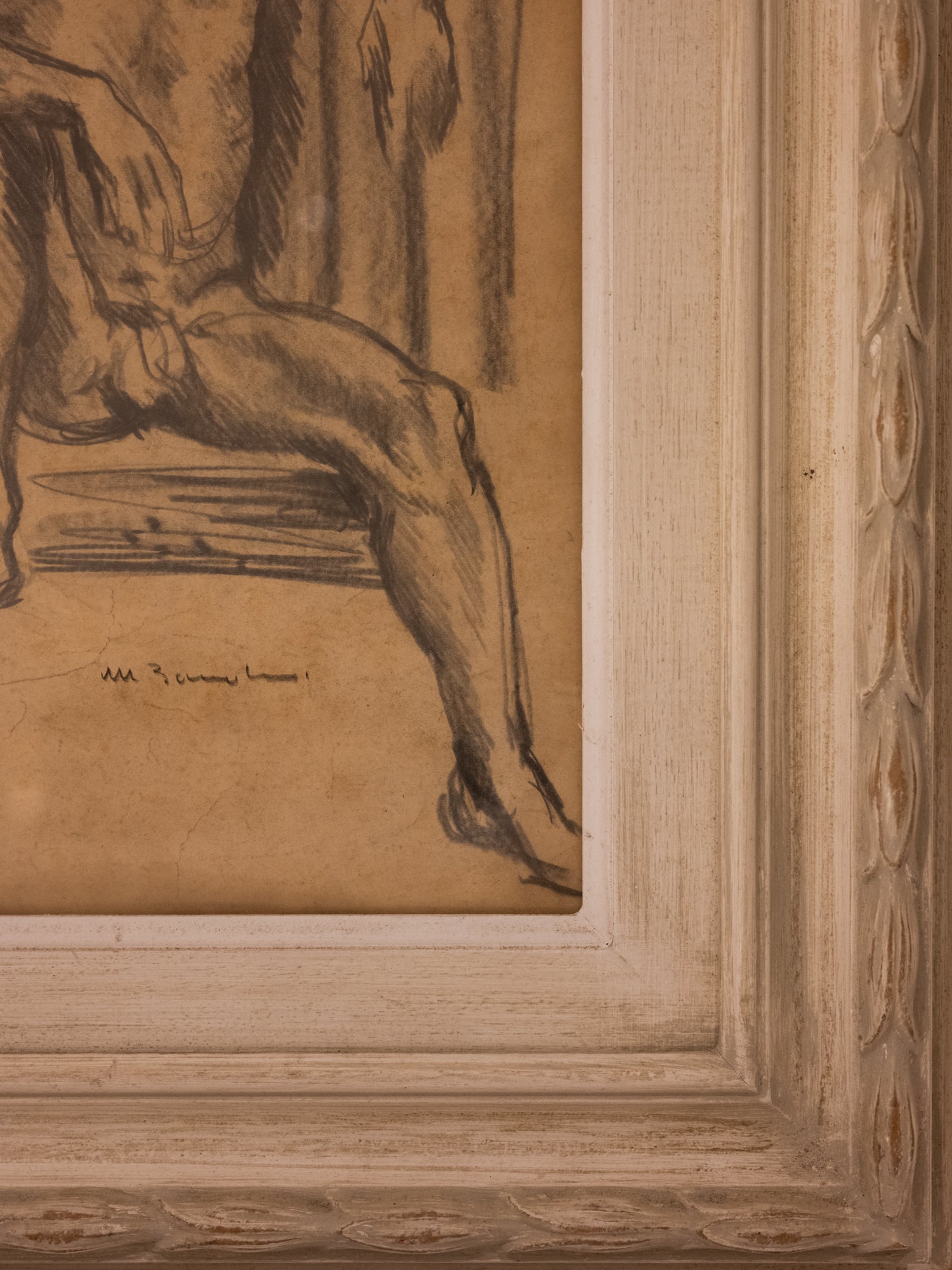 Vintage French Art | Seated Nude | Framed Sketch