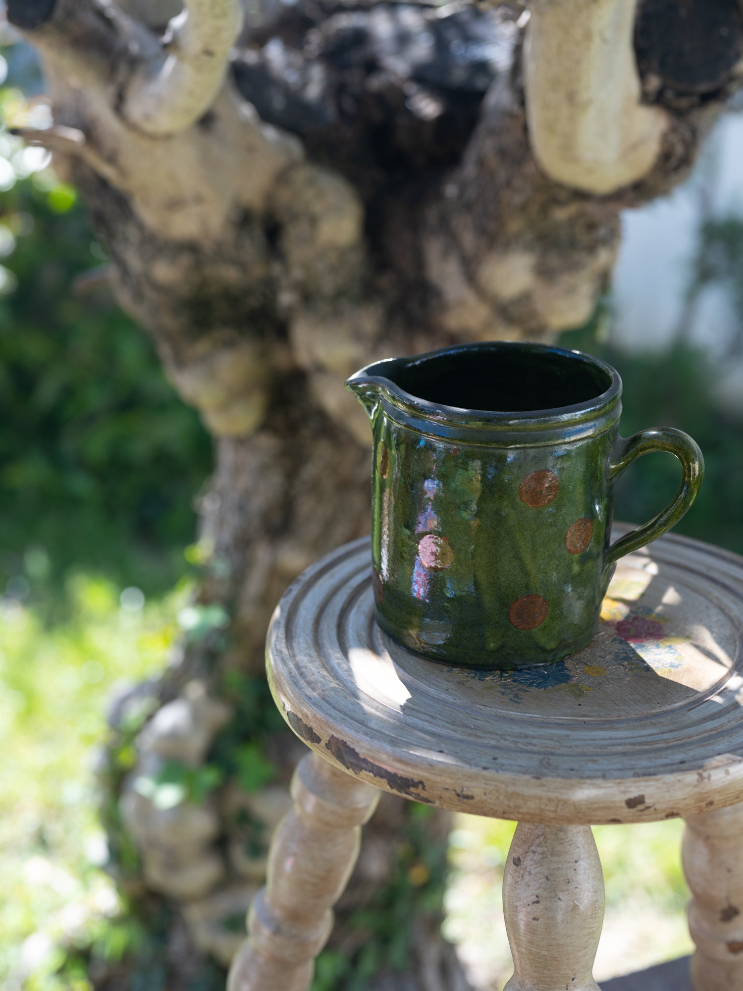Vintage French Ceramic Pitcher | Green w/Polka Dot