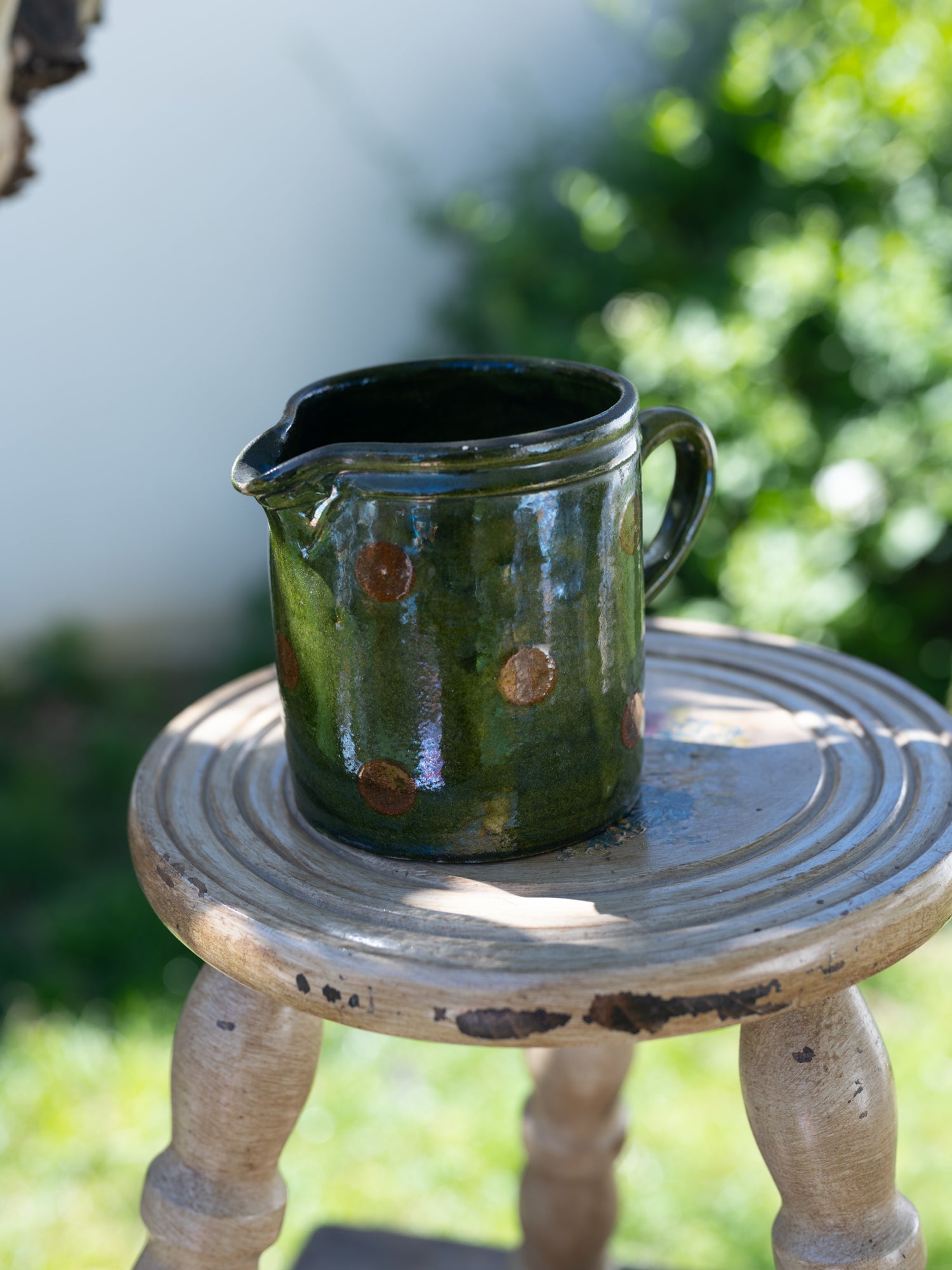 Vintage French Ceramic Pitcher | Green w/Polka Dot