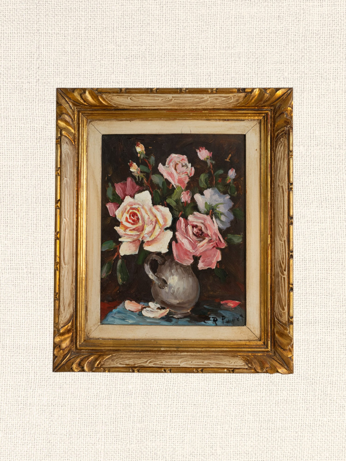 Vintage French Art | Pink Roses in Grey Vase | Framed