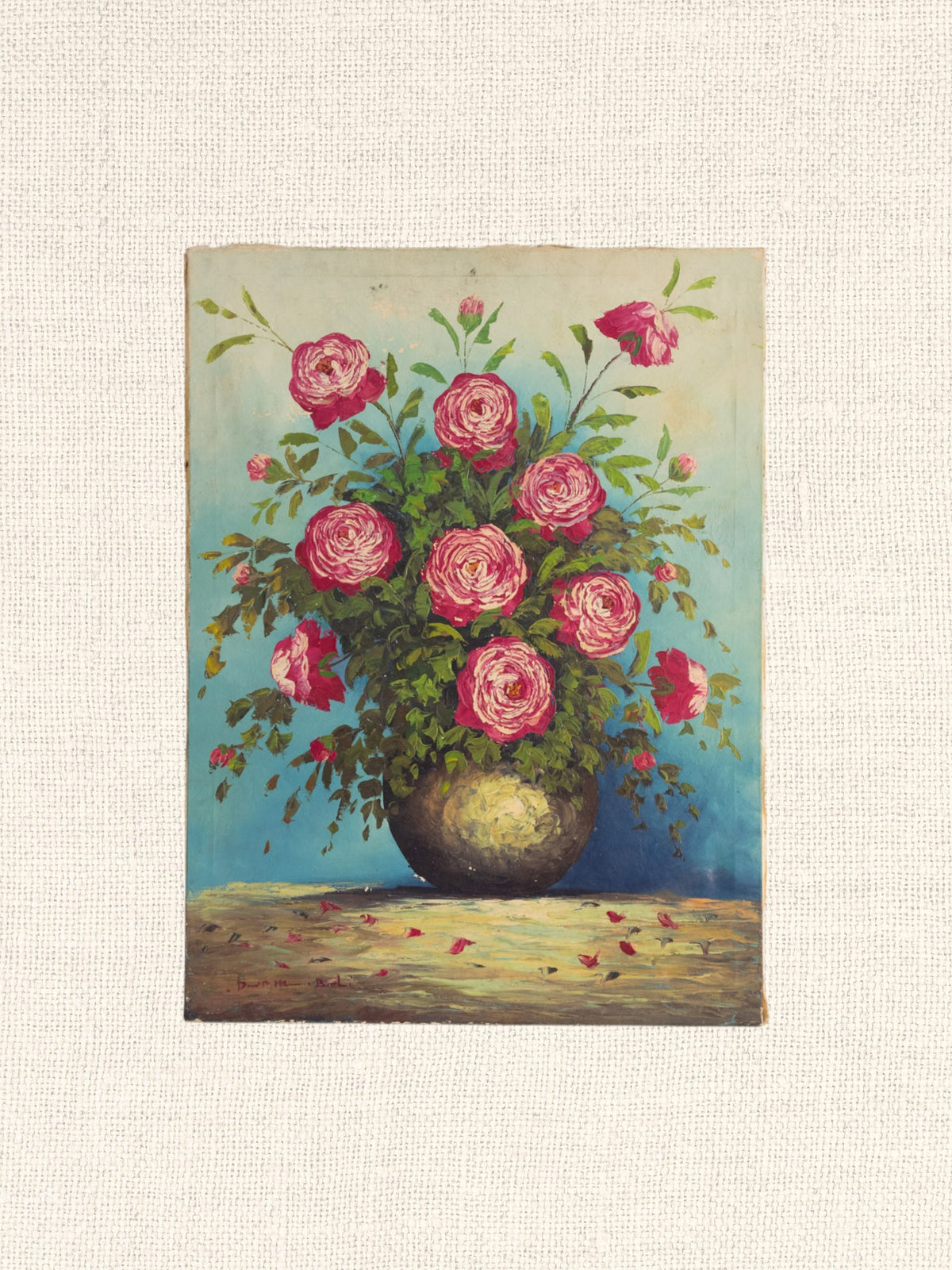 Vintage French Art | Fuschia Roses in Vase