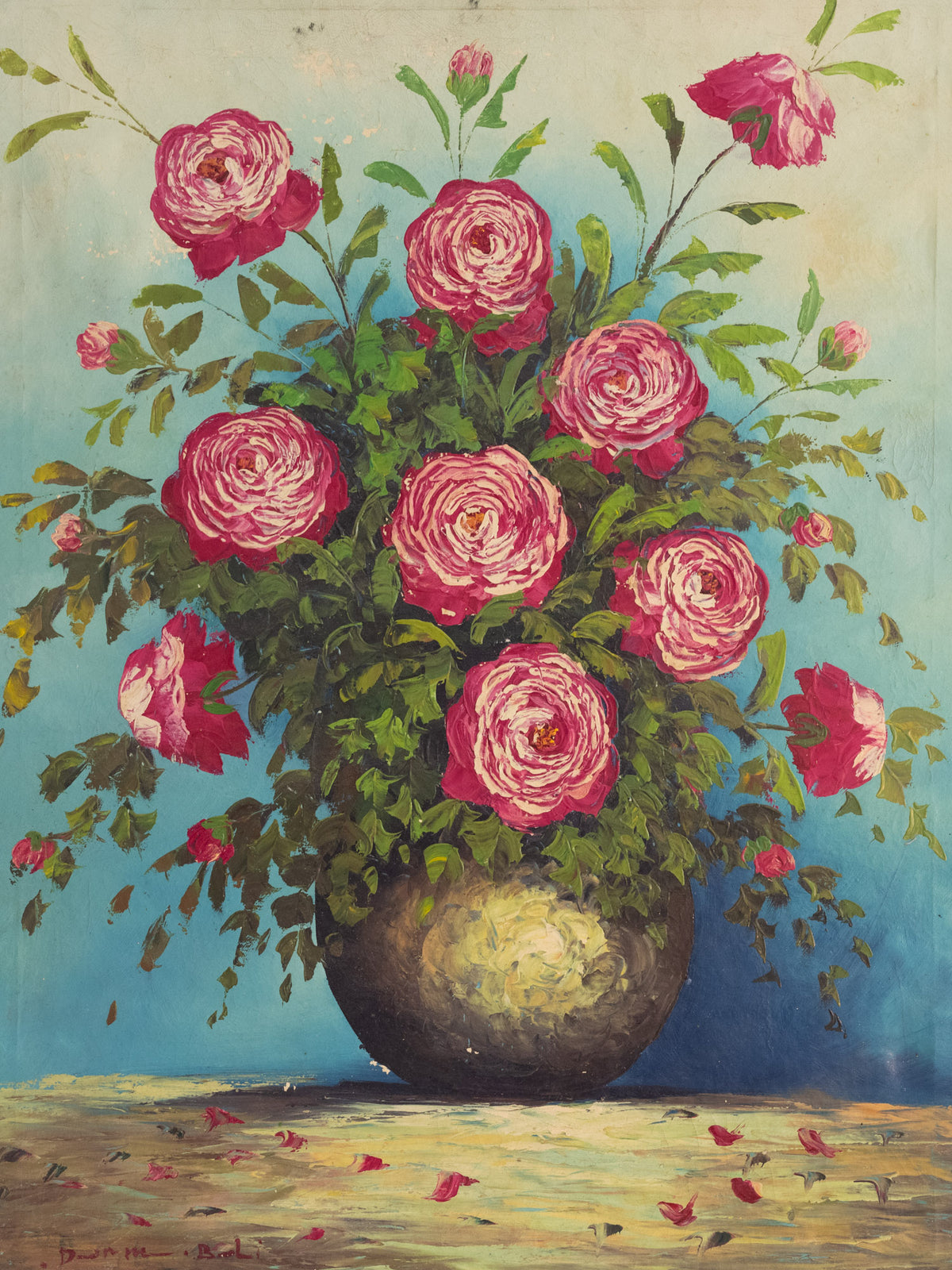 Vintage French Art | Fuschia Roses in Vase