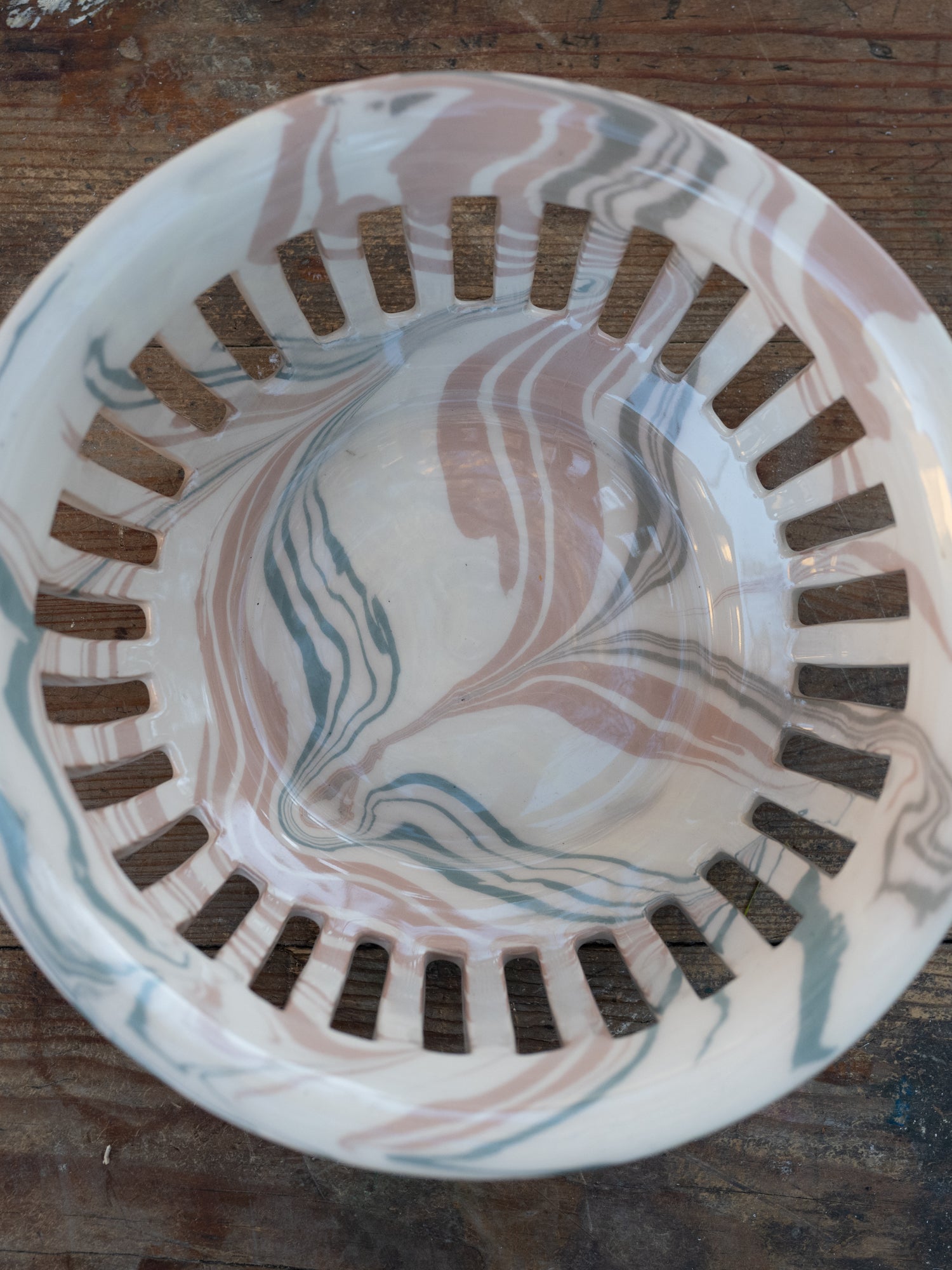 Vintage French Marblized Ceramic Slitted Bowl | Terracottas