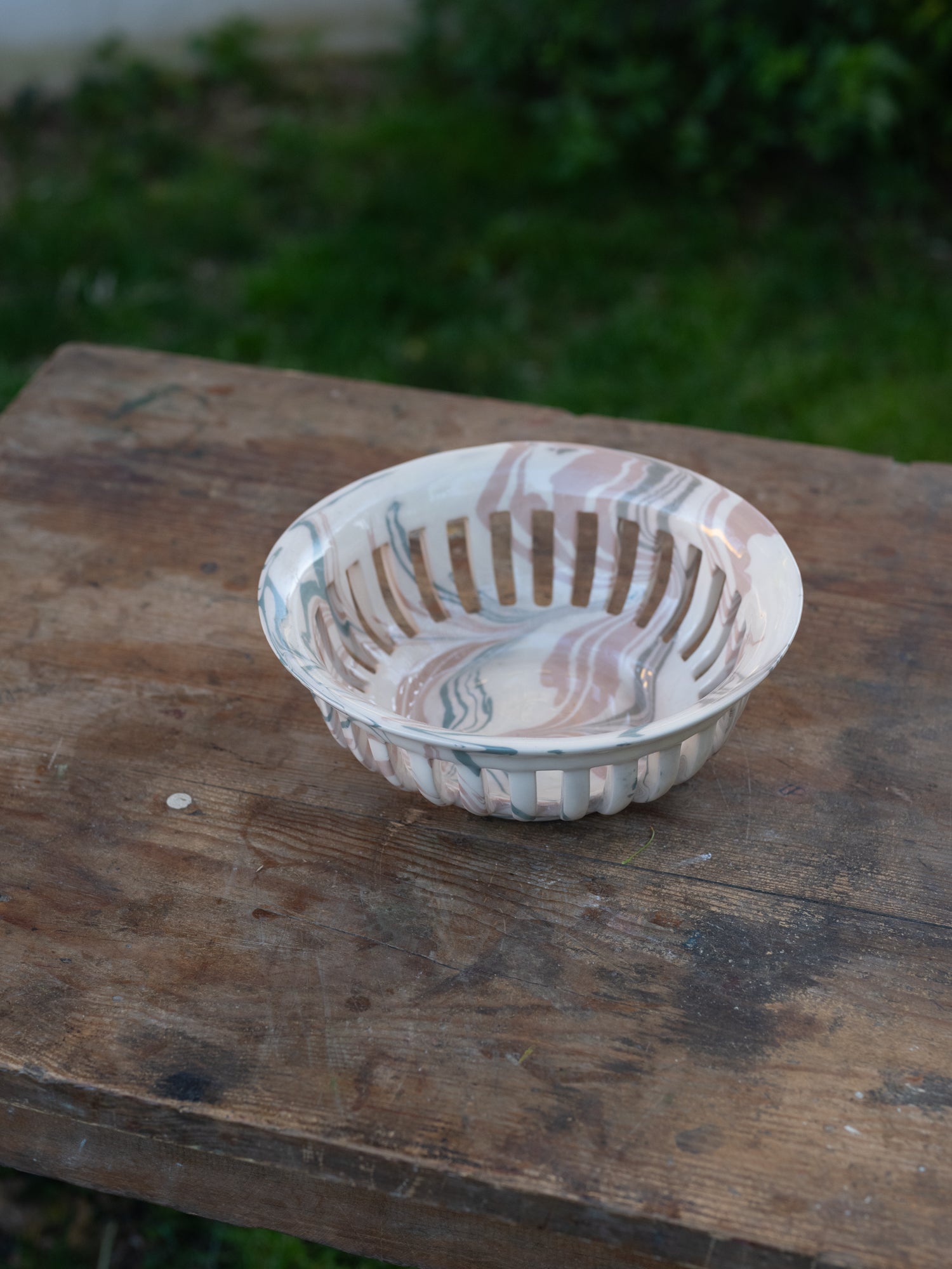 Vintage French Marblized Ceramic Slitted Bowl | Terracottas