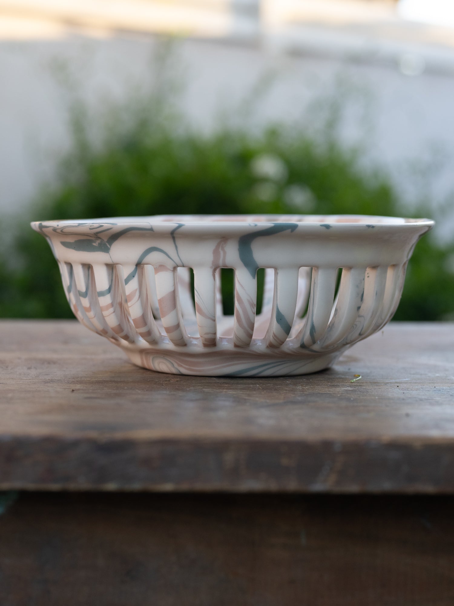 Vintage French Marblized Ceramic Slitted Bowl | Terracottas