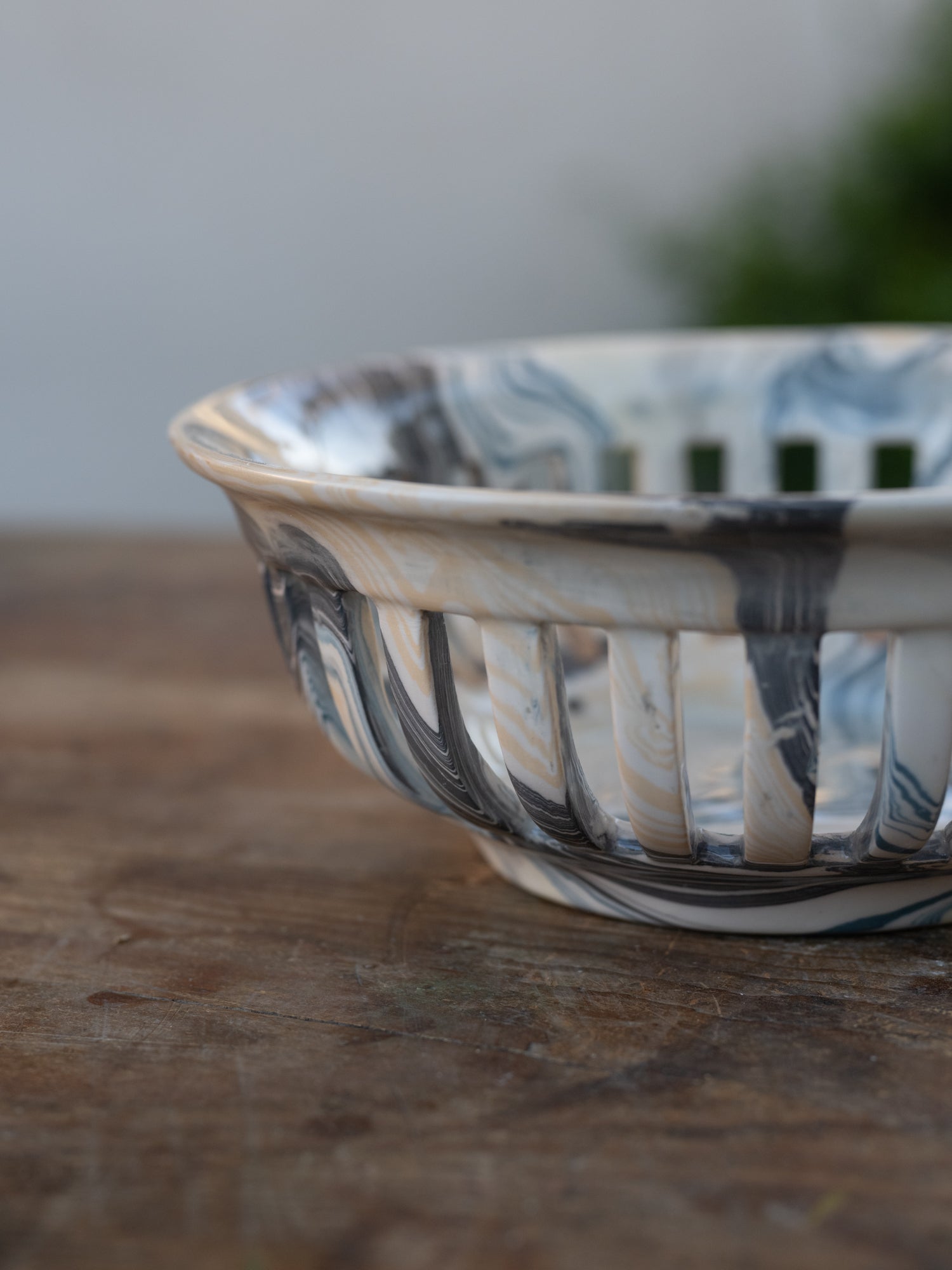Vintage French Marblized Ceramic Slitted Bowl | Blacks