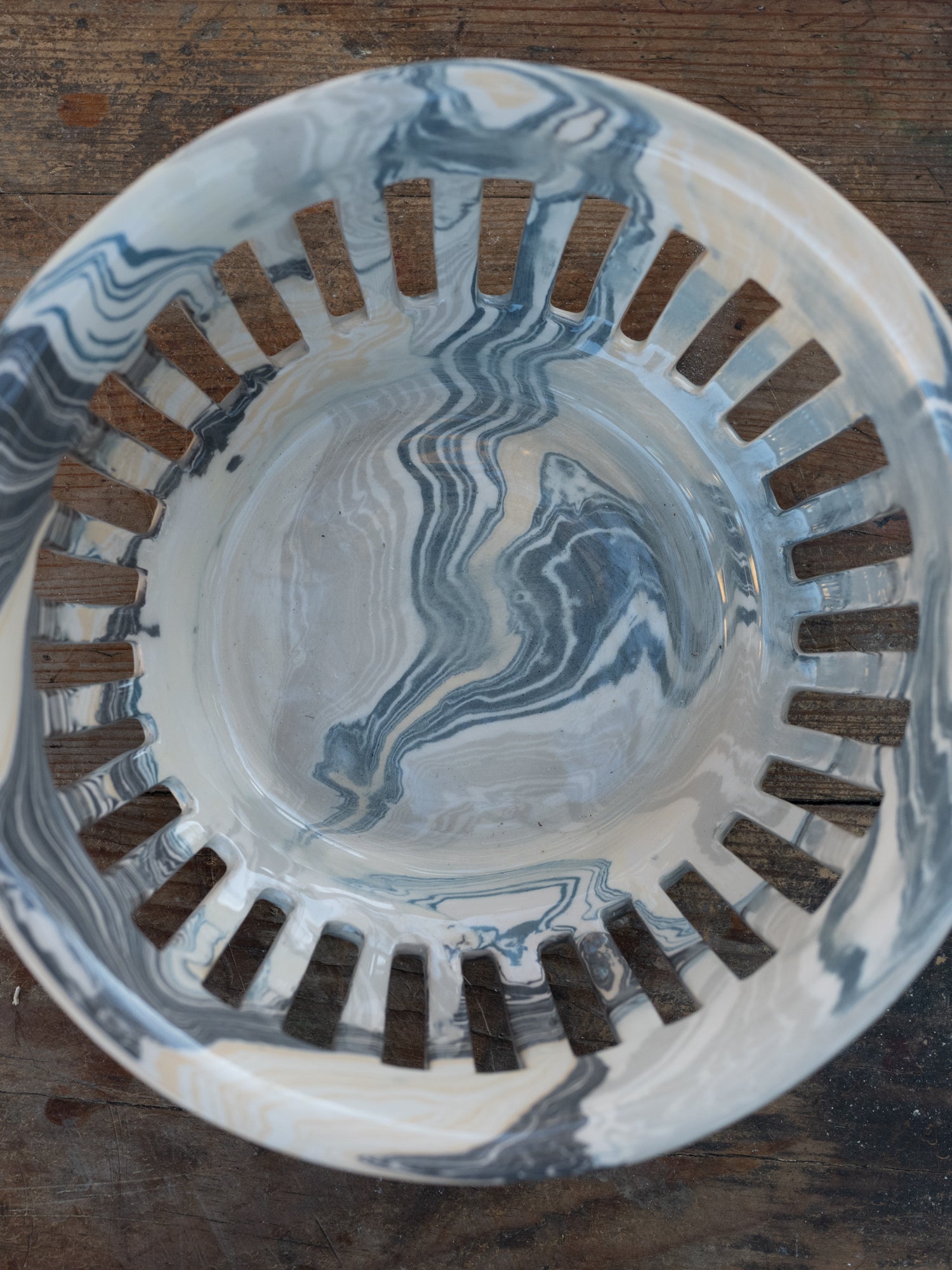 Vintage French Marblized Ceramic Slitted Bowl | Blacks