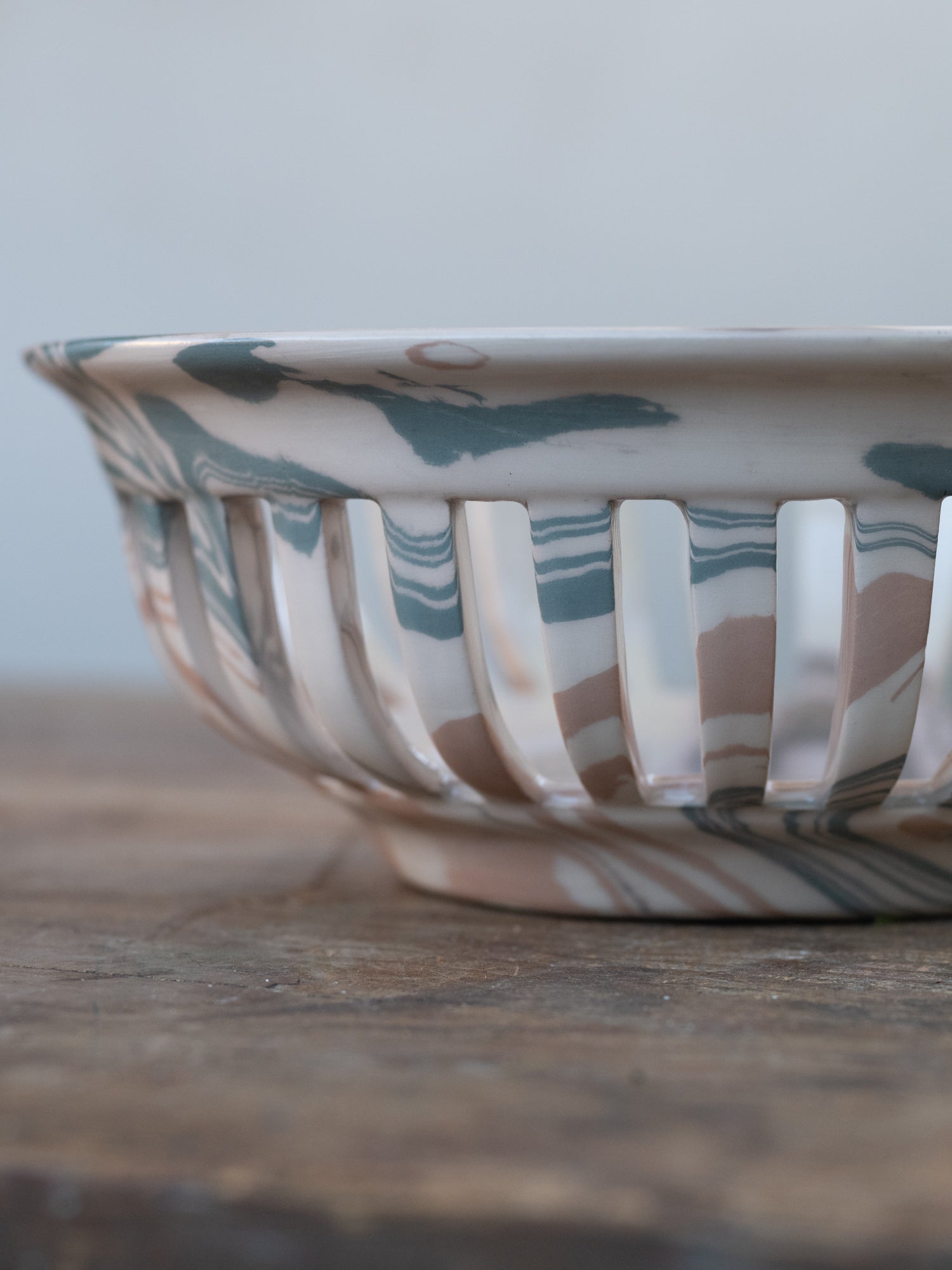 Vintage French Marblized Ceramic Slitted Bowl | Grays