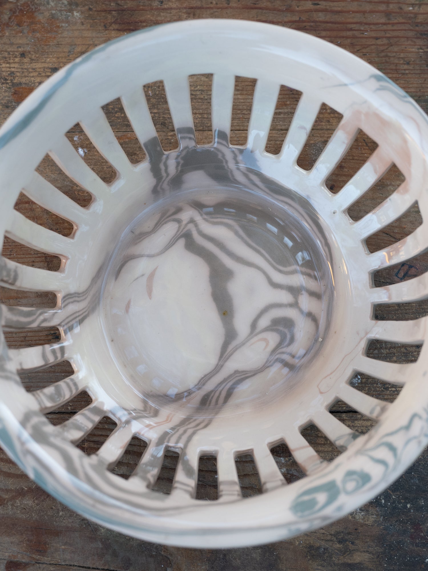 Vintage French Marblized Ceramic Slitted Bowl | Grays