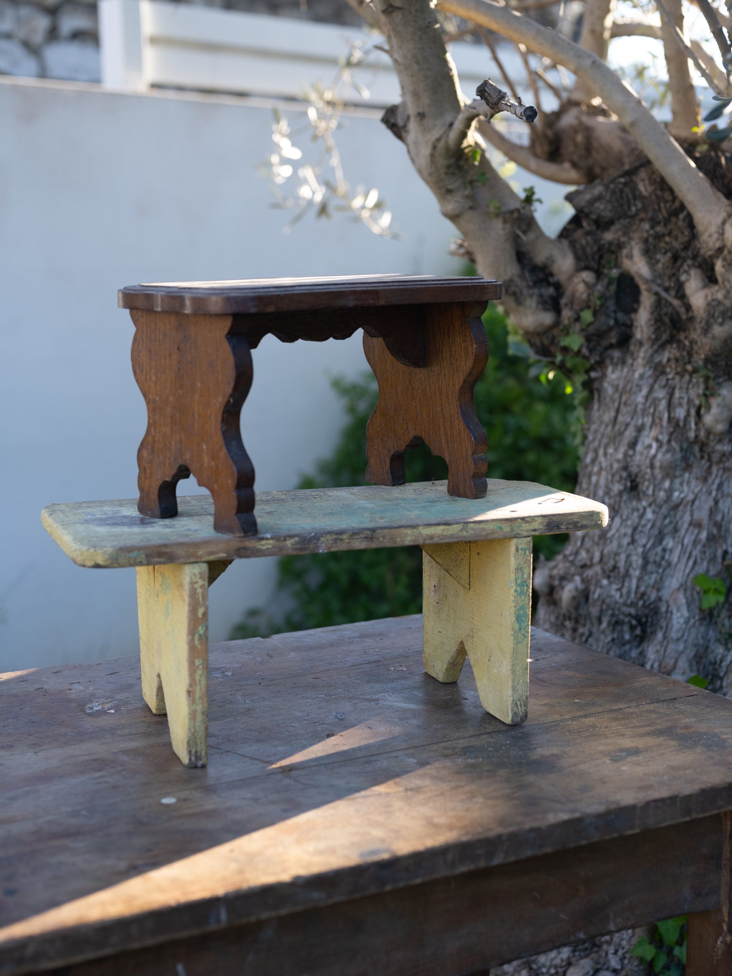 Vintage French Stool | Weathered Paint Foot Stool