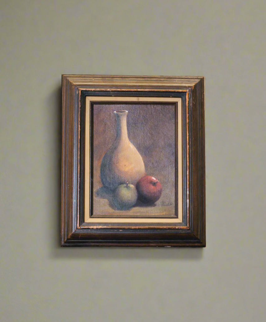 Vintage American Painting | Green & Red Apple | Framed