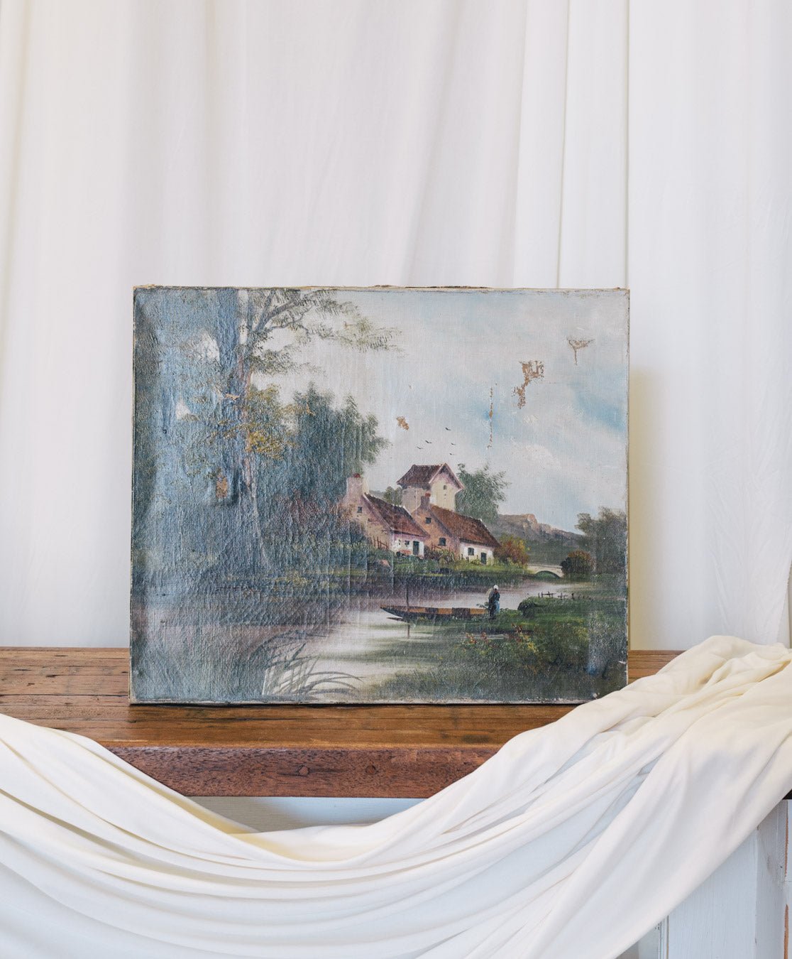 Vintage European Painting | House by the Creek