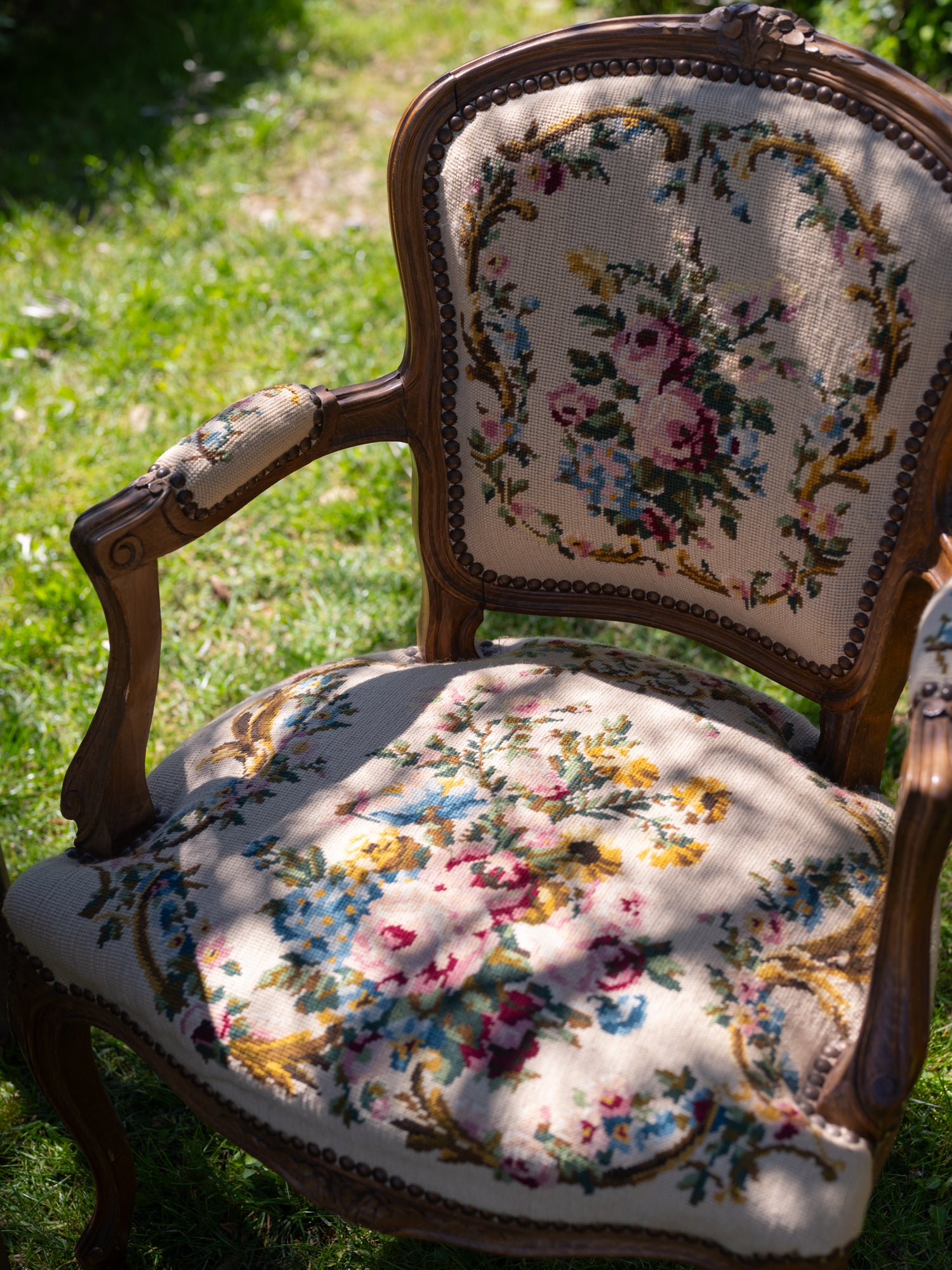 Vintage French Floral Embroidered Arm Chair