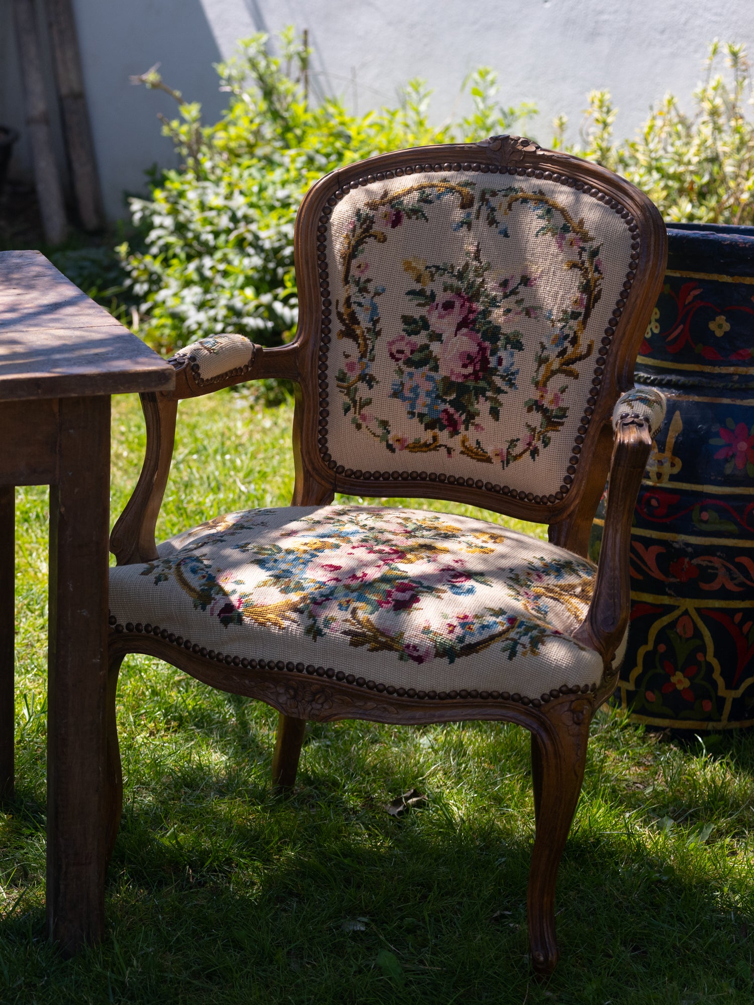 Vintage French Floral Embroidered Arm Chair