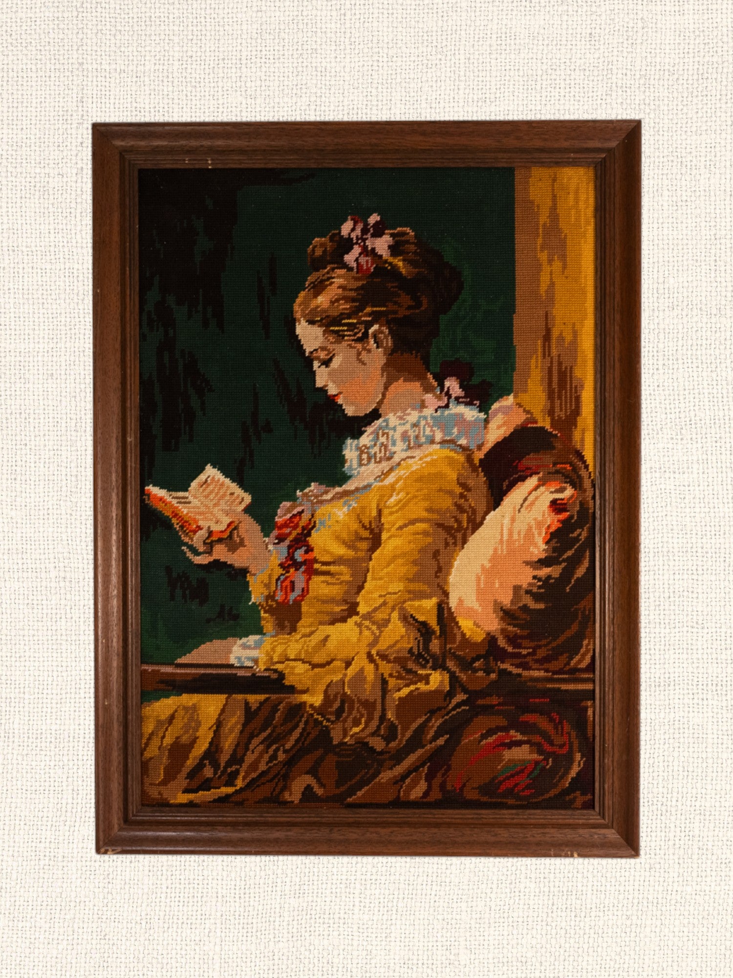Vintage French Art | Girl Reading | Embroidered | Framed