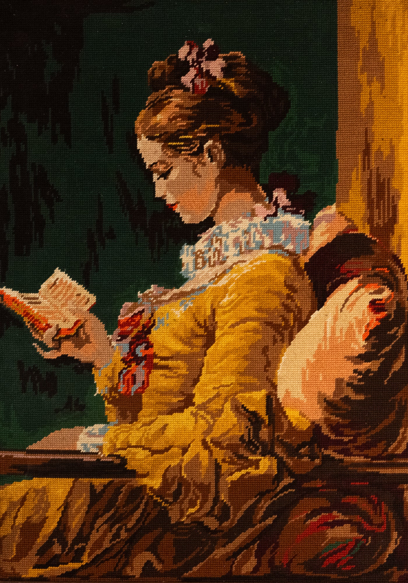 Vintage French Art | Girl Reading | Embroidered | Framed