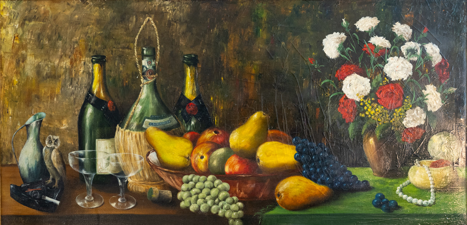 Vintage French Art | Feast at the Table | Oil | Framed