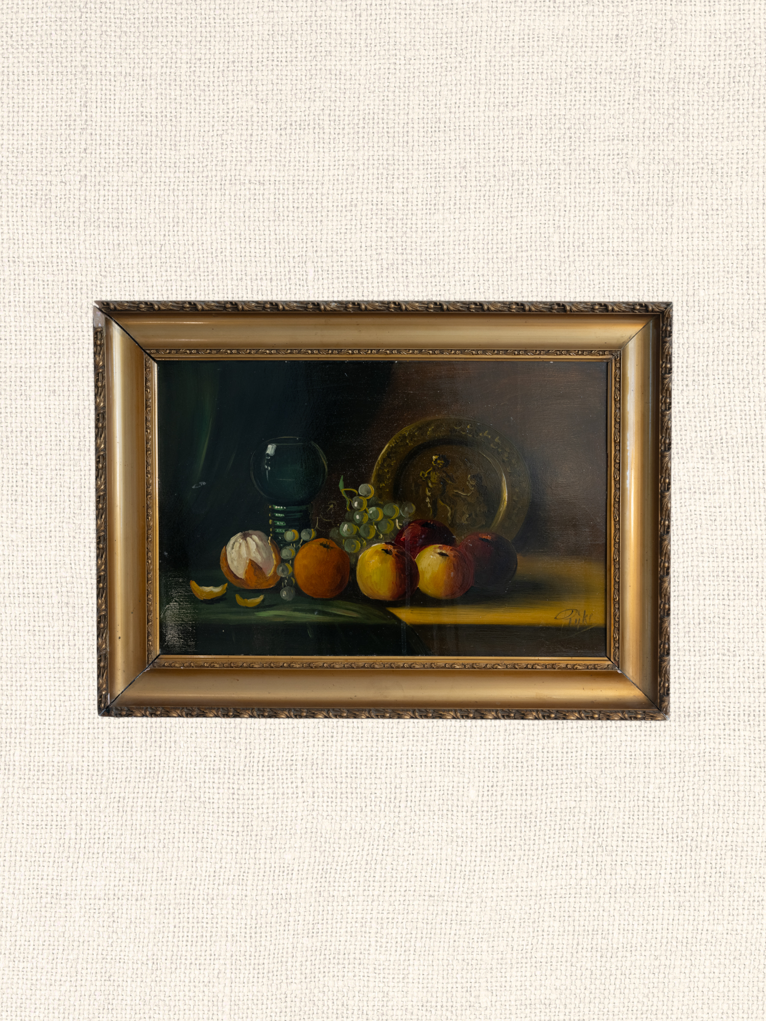 Vintage French Art | Green Goblet & Fruit | Oil | Framed