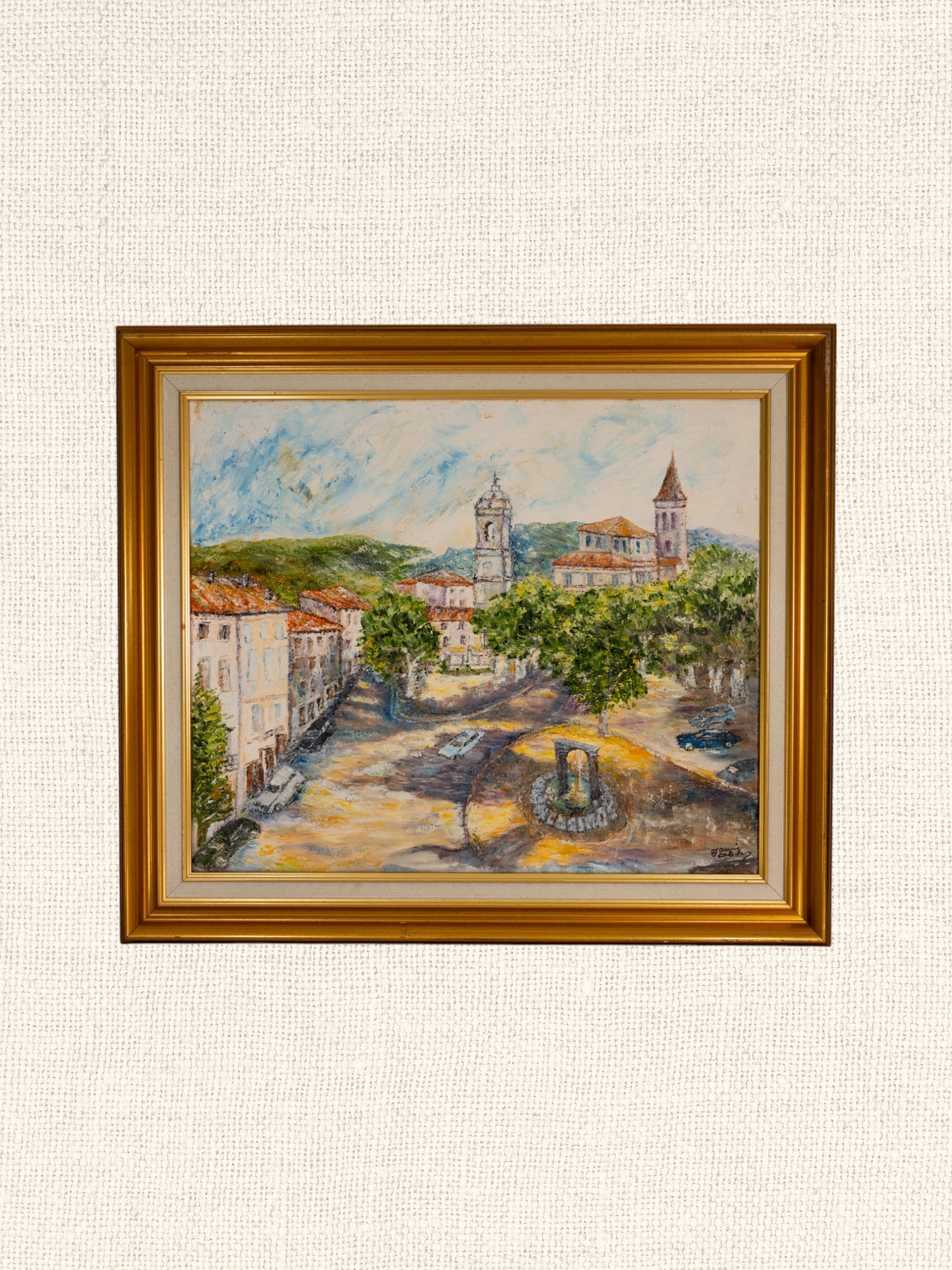 Vintage French Art | French Town Center| Oil | Framed