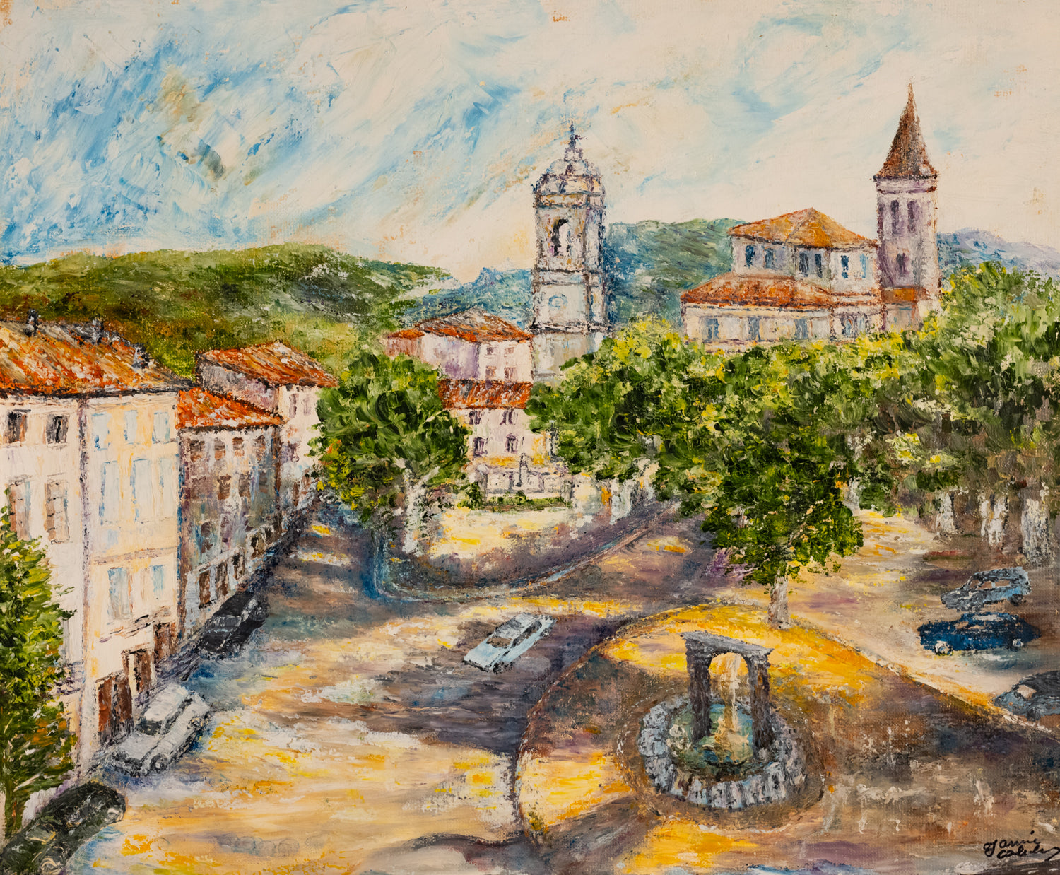 Vintage French Art | French Town Center| Oil | Framed